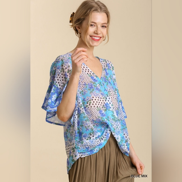 NWT Umgee patchwork look crossover front blue polkadot and floral sheer top - Picture 1 of 4